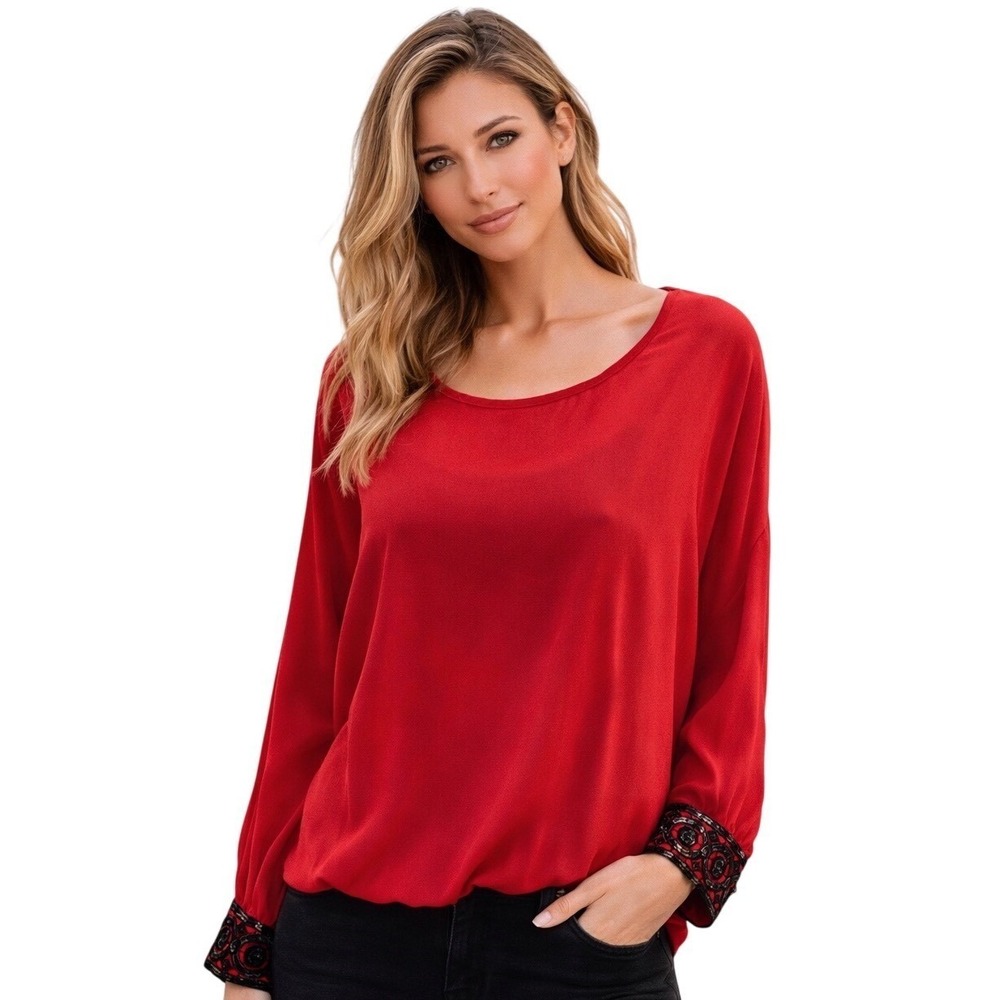 by & by Blouse Holiday Red Long Sleeve Top with Black Sequin Cuffs Women Size M